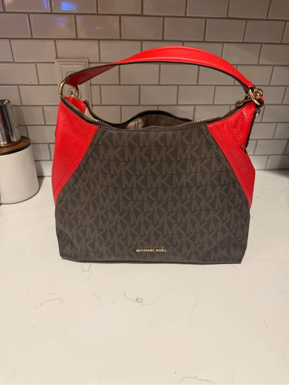 Michael Kors Brown MK Logo Hobo with Red Leather Accents